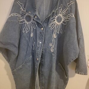 Women's Denim Jean Jacket with White Floral Embroidery